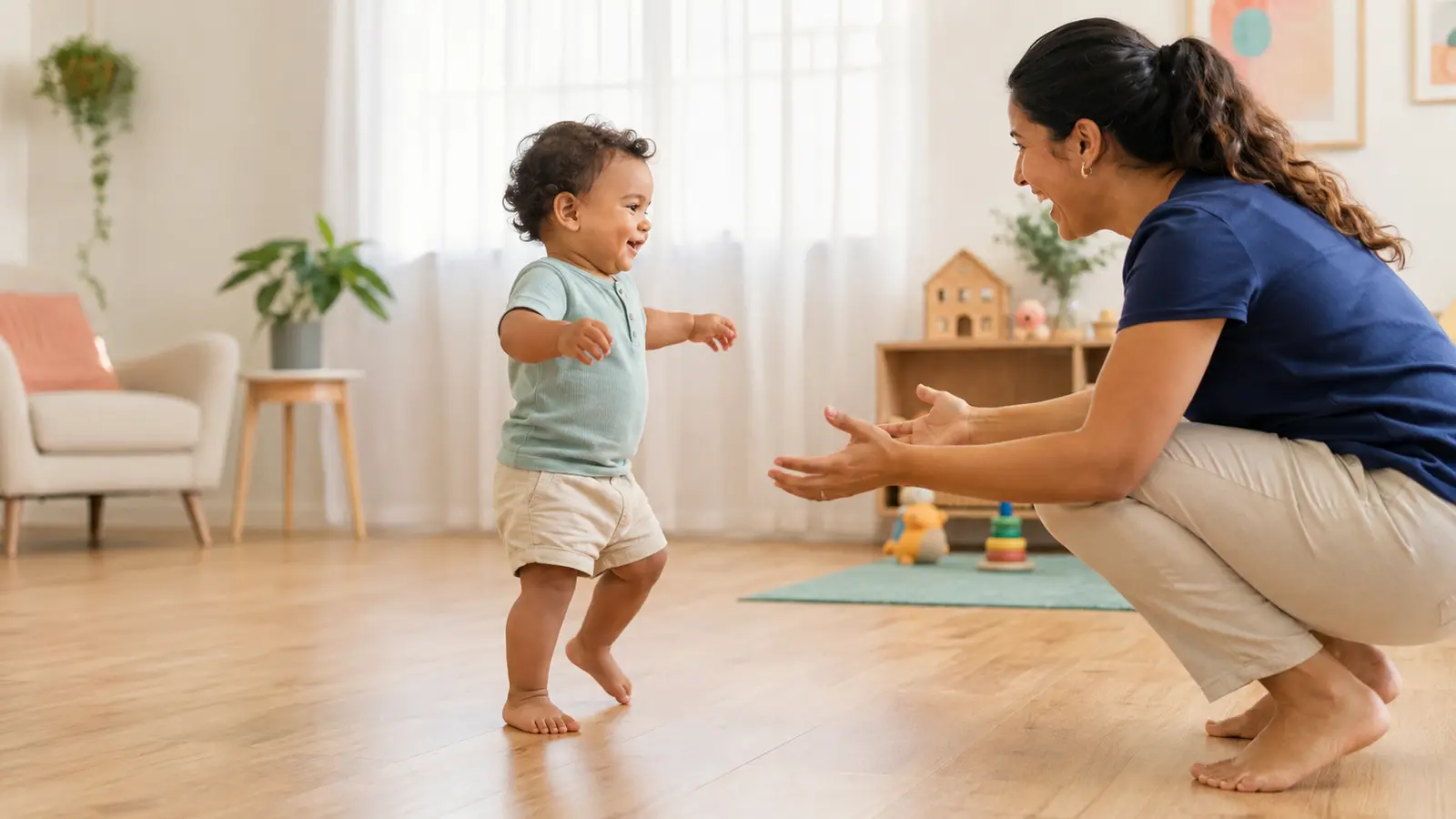 Criança pequena dando os primeiros passos em direção à mãe