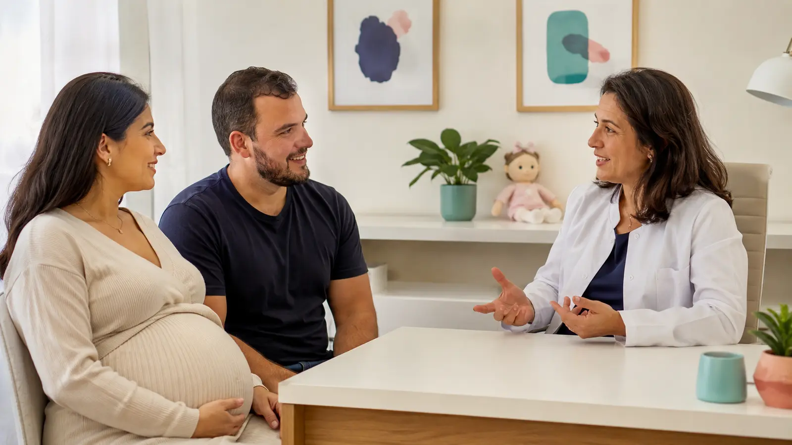 Gestante e acompanhante em consulta de pré-natal pediátrico