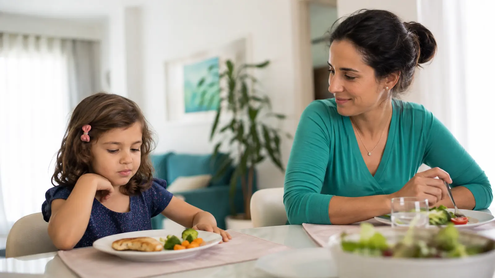 Criança diante de alimentos variados durante refeição em família